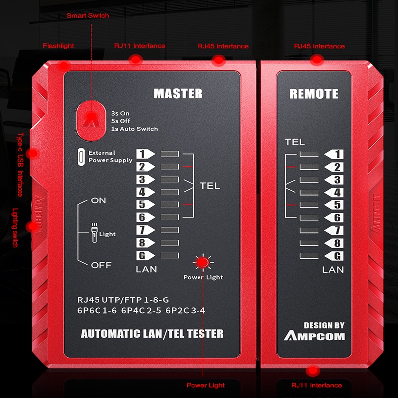 Bộ test mạng AMPCOM hỗ trợ nguồn 9V, cổng sạc Type C