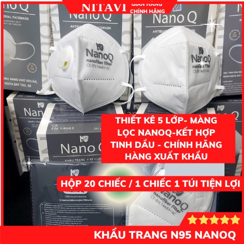 khẩu trang n95 có van 5 lớp kháng khuẩn chứa tinh dầu nanoq tinh dầu ngăn 99% bụi mịn ( giá bán lẻ 1 chiếc 20c/ Hộp)