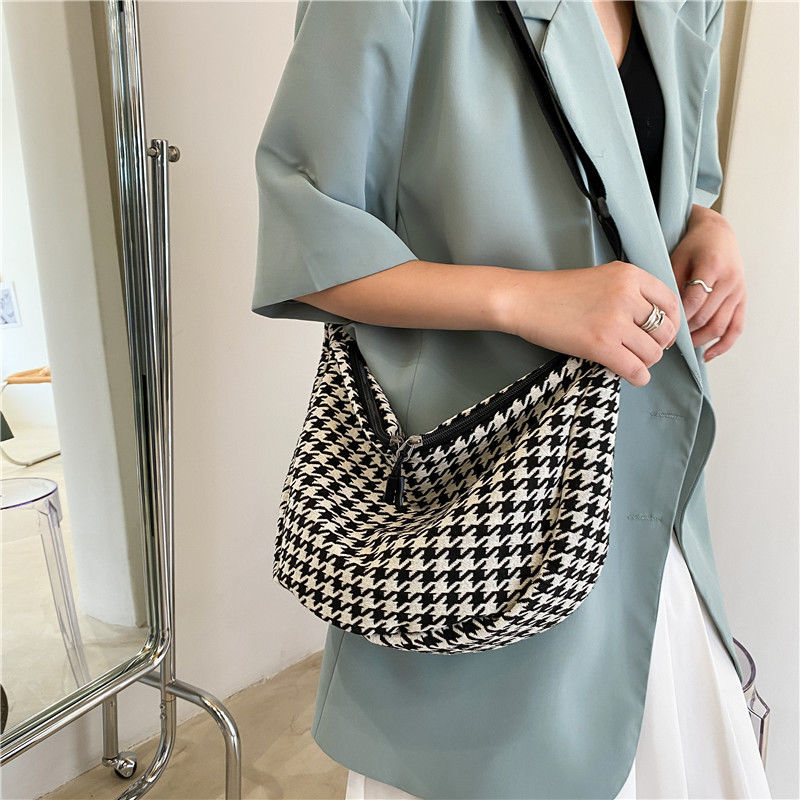 Túi xách canvas đeo vai sức chứa lớn họa tiết sọc caro thời trang dành cho nữ