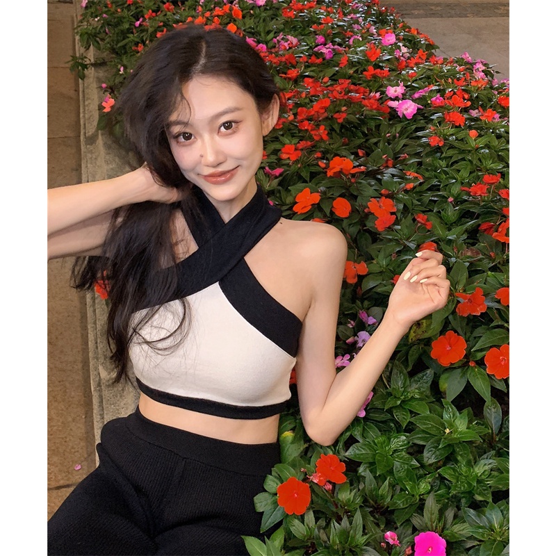 Cocory vn Áo Tank Top Dệt Kim Màu Trắng Đen Thời Trang Cho Nữ