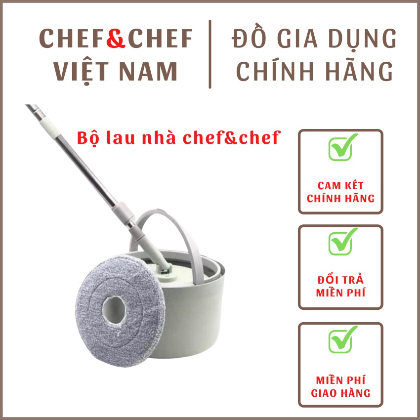 Bộ cây lau nhà Chef &amp; Chef chính hãng xoay 360 độ kèm cây chổi và 1 bông lau, thùng