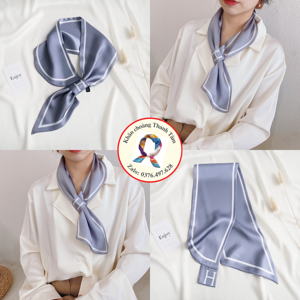 Khăn quàng cổ lụa có nút thắt chữ nhật làm nơ quấn cổ quấn tóc nữ công sở tuban badana 2 lớp in chữ H