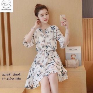 Đầm trắng xòe in hoa nhún eo lai bèo