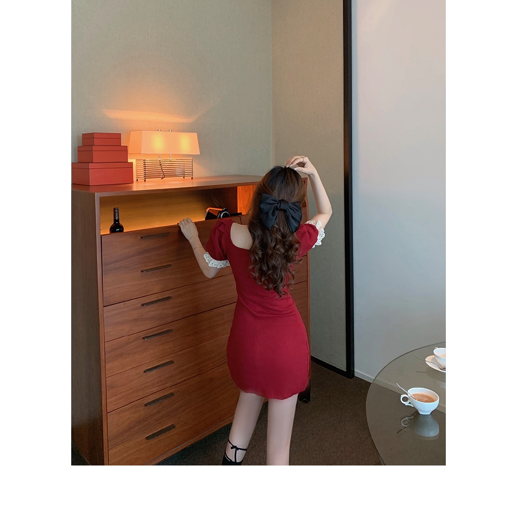 DUNEA Đầm Dệt Kim Cổ Vuông Tay Phồng Ôm Dáng Phối Dây Thắt Thanh Lịch Cho Nữ