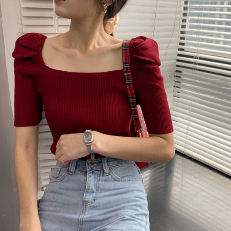 Áo dệt kim co giãn tay lửng dáng ôm cổ vuông thời trang