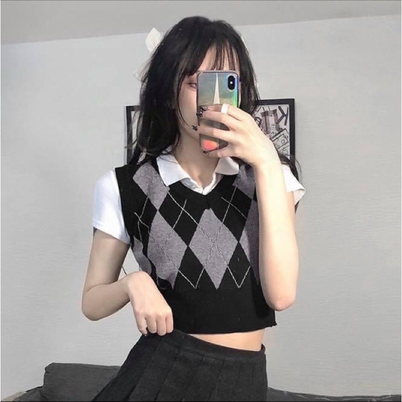 Áo len nữ gile sọc vuông ba lỗ croptop - Order taobao quảng châu