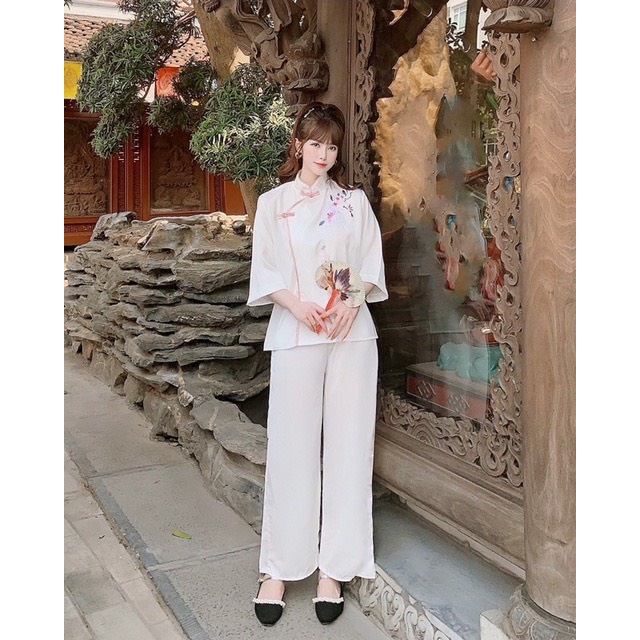 Đồ Lam Đi Chùa # Bộ chéo hoa lan# Quần Áo Nữ