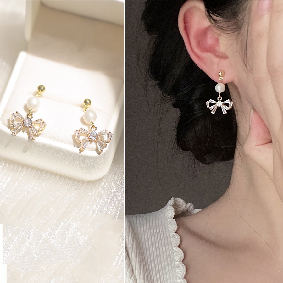 Bông Tai Hình Nơ Đính Ngọc Trai Thời Trang Dành Cho Nữ