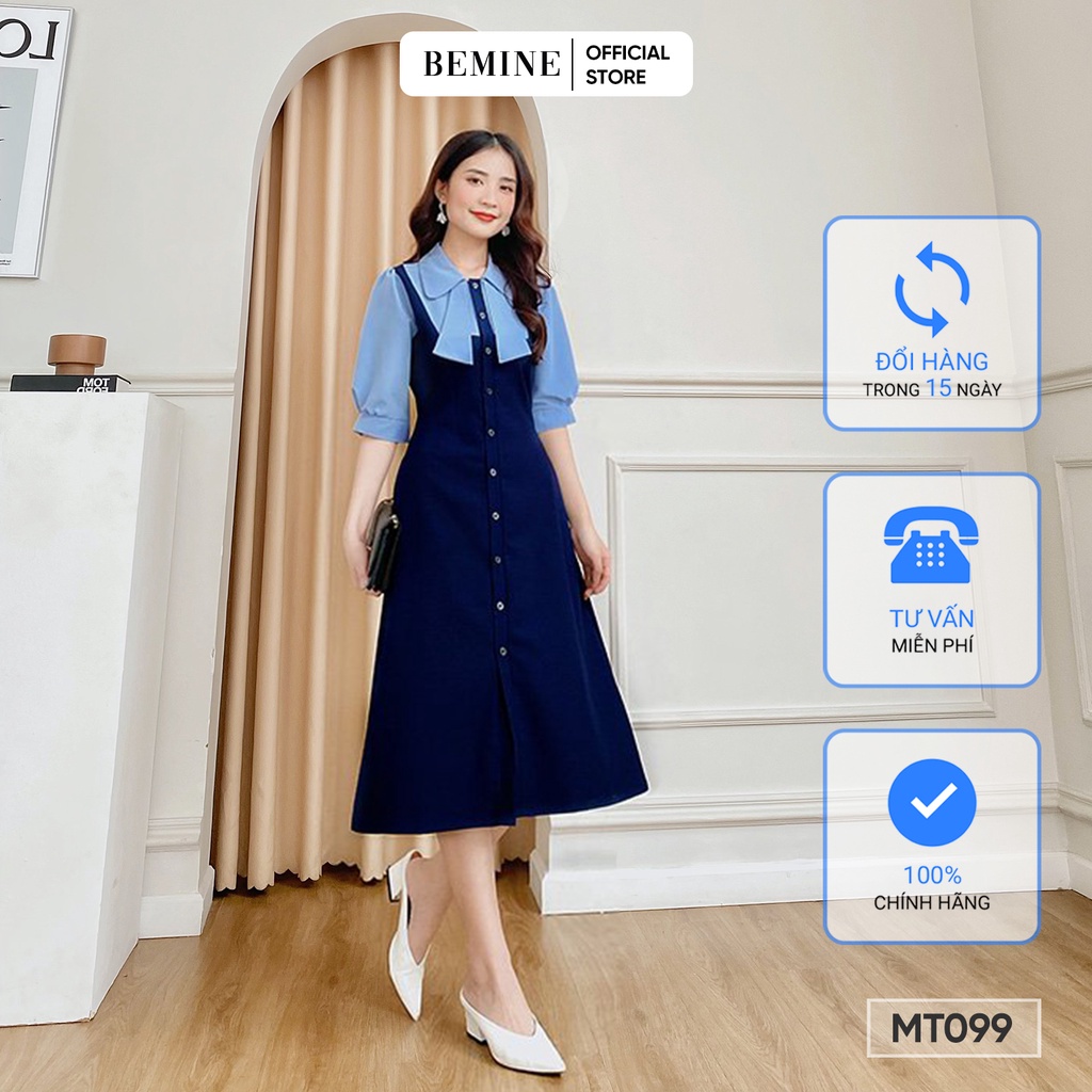 Đầm phối tay cổ sơ mi nơ BEMINE MT3099XANH ĐEN | BigBuy360 - bigbuy360.vn