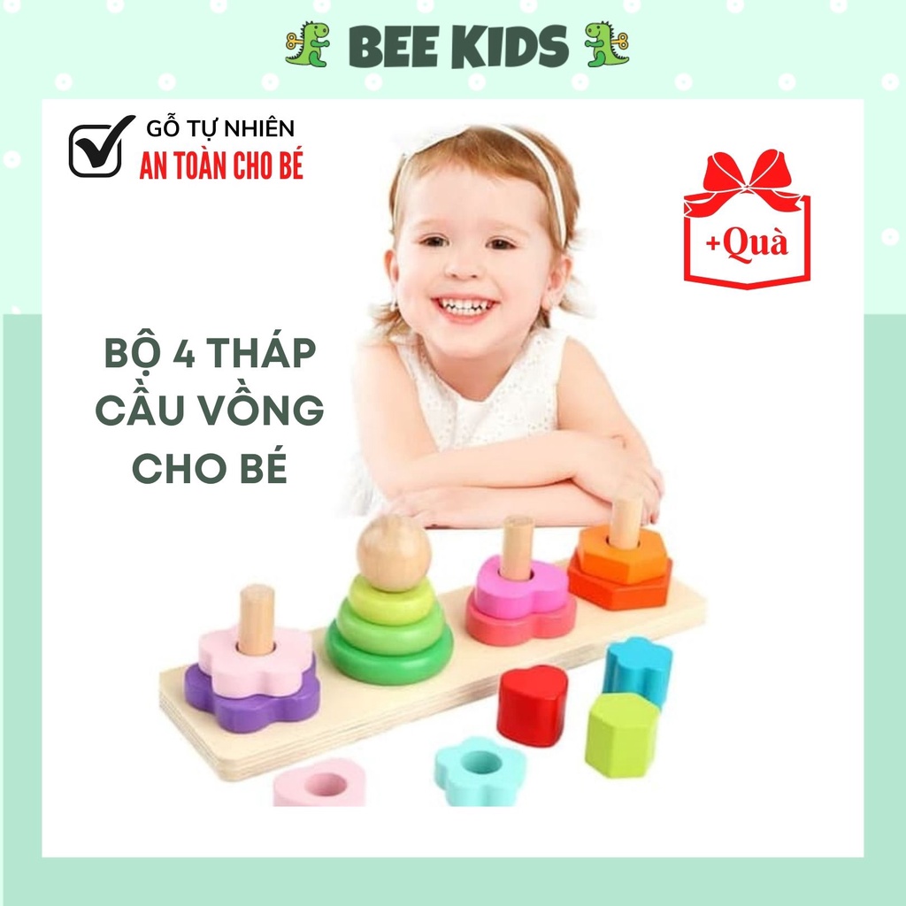 Bộ 4 Tháp Cọc Xếp Hình Nhiều Màu Bằng Gỗ Đa Năng Cho Bé Học Nhận Biết HÌnh Học Và Màu Sắc BEEKIDS