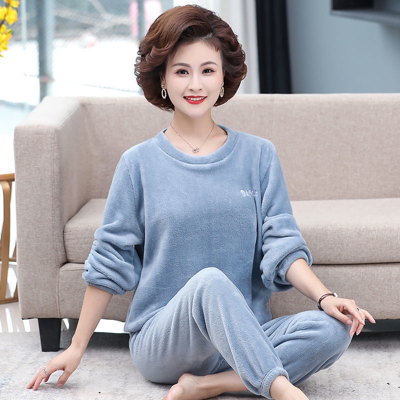 Đồ ngủ của phụ nữ trung niên và cao tuổi bộ ấm áp mùa thu / đông dày dặn nhà mẹ size lớn