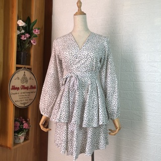 Jumpsuit chấm bi thắt eo - Hình thật