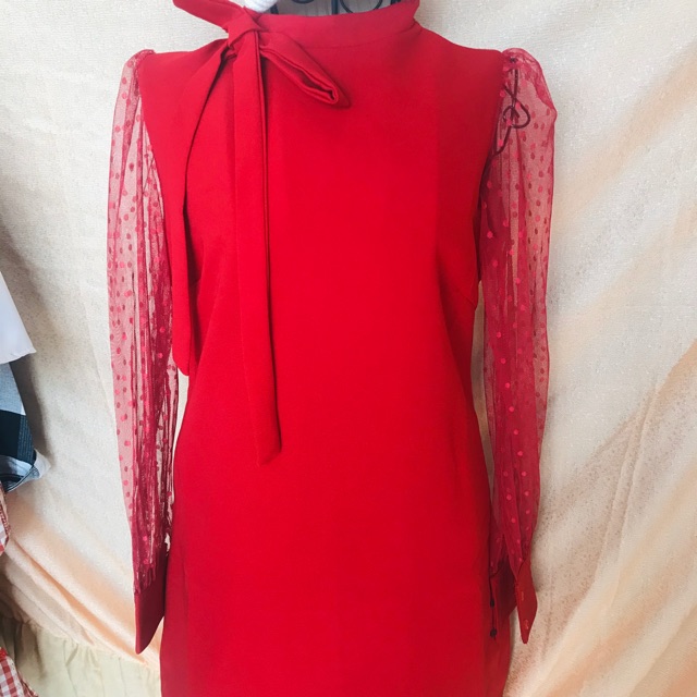 ĐẦM SUÔNG ĐỎ TAY DÀI PHỐI LƯỚI CATSHOP