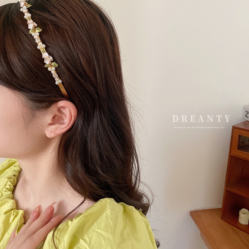 Băng Đô Cài Tóc Hình Hoa Lá Đính Ngọc Trai Phong Cách Mori Hàn Quốc Sang Trọng