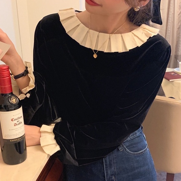 Áo sơ mi peppermint 48427 tay dài chất liệu nhung mềm mại phong cách ngọt ngào cho nữ