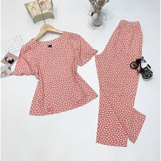 Bộ Đồ Quần Dài Áo Cộc Chất Lanh Lụa Hoạ Tiết Tim Nhí Tay Điệu, Bộ Mặc Nhà Thu Đông - AN.STORE