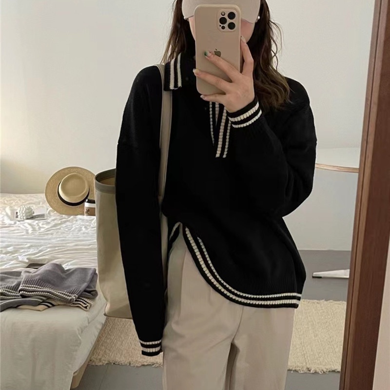 Áo sweater dệt kim SUXI cổ bẻ tay dài dáng rộng màu sắc tương phản thời trang mùa thu cho nữ