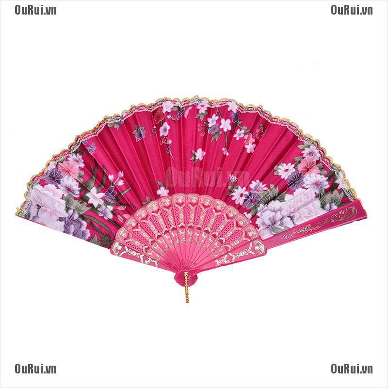 Quạt Vải Lụa Cầm Tay In Hoa Xinh Xắn Gấp Gọn Tiện Dụng