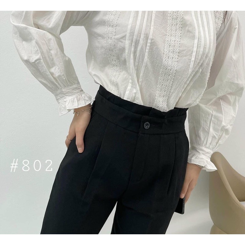 Quần baggy nữ cạp bèo cao cách điệu dáng dài màu đen chất vải mềm - Quần tây lưng cao nữ đi học sinh mặc đi làm công sở