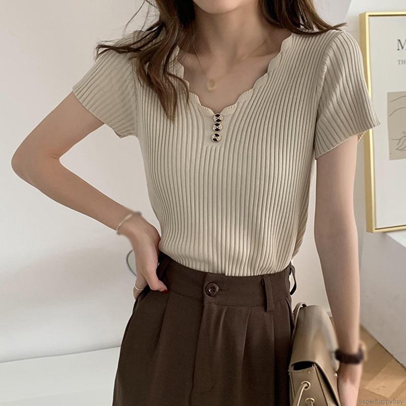 Áo Thun Nữ Ngắn Tay Cổ Chữ V Thời Trang Hàn Quốc