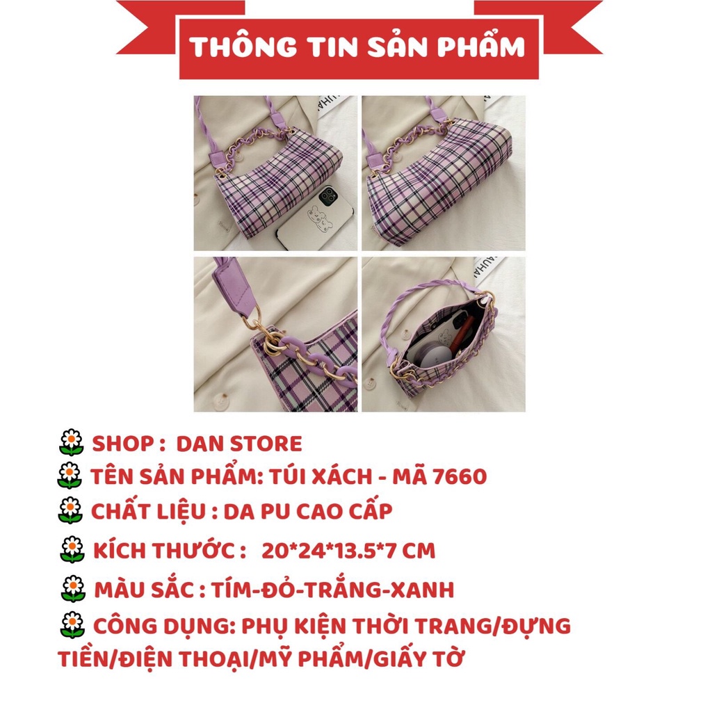 Túi Xách NữTặng QuàTúi Kẹp Nách kẻ caro phối dây quai xoắn kèm dây xích MÃ 7660