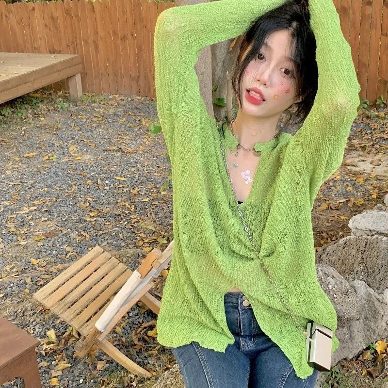 Áo Dệt Kim Tay Dài Cổ Chữ V Form Rộng Thời Trang Hàn Quốc