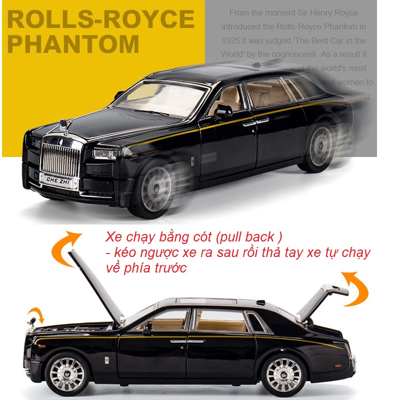 Mô hình xe ô tô Rolls- Royce Phantom tỉ lệ 1:24 hãng Che Zhi đồ chơi trẻ em bằng kim loại có âm thanh và đèn mở được cửa
