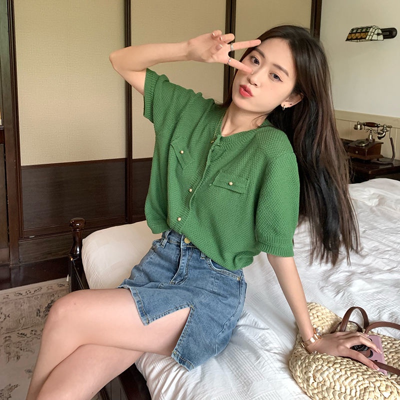 Áo cardigan Tay Ngắn Dáng Rộng Màu Xanh Lá Đậm Phong Cách retro Thời Trang Hàn Quốc