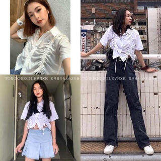 ÁO SƠ MI RÚT DÂY KIỂU SIÊU CHẤT - ÁO SƠ MI CROPTOP DÂY RÚT MÀU TRẮNG