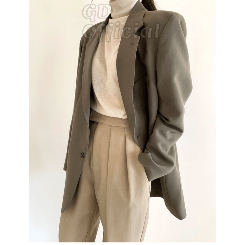 K103|Áo khoác blazer nữ cổ điển dài tay dáng rộng cá tính màu đen, nâu GD Official