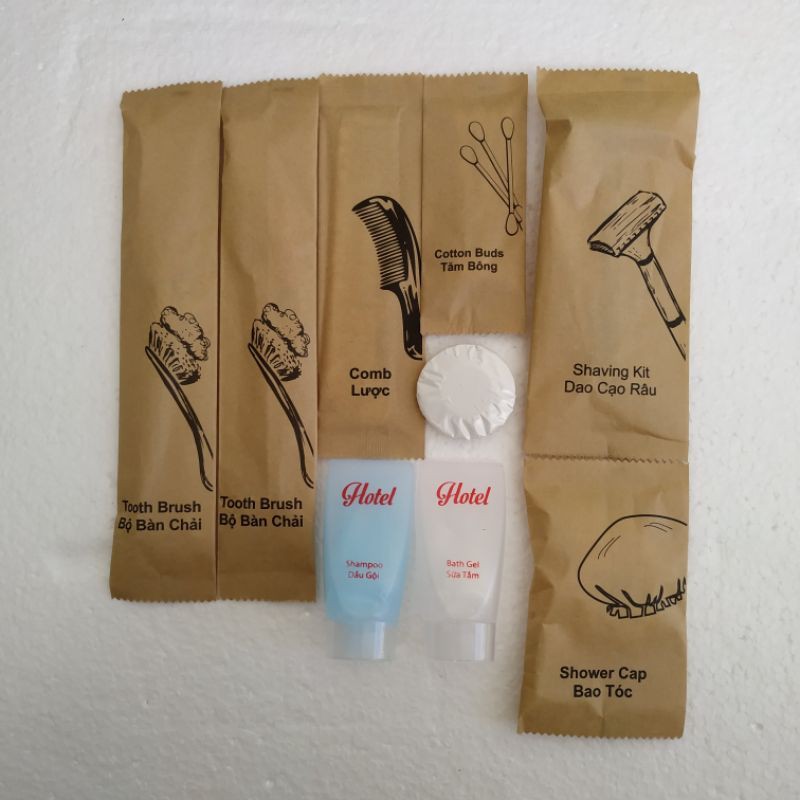 Bộ bàn chải đánh răng khách sạn bao bì giấy cao cấp, lược, chụp tóc, tăm bông dùng 1 lần