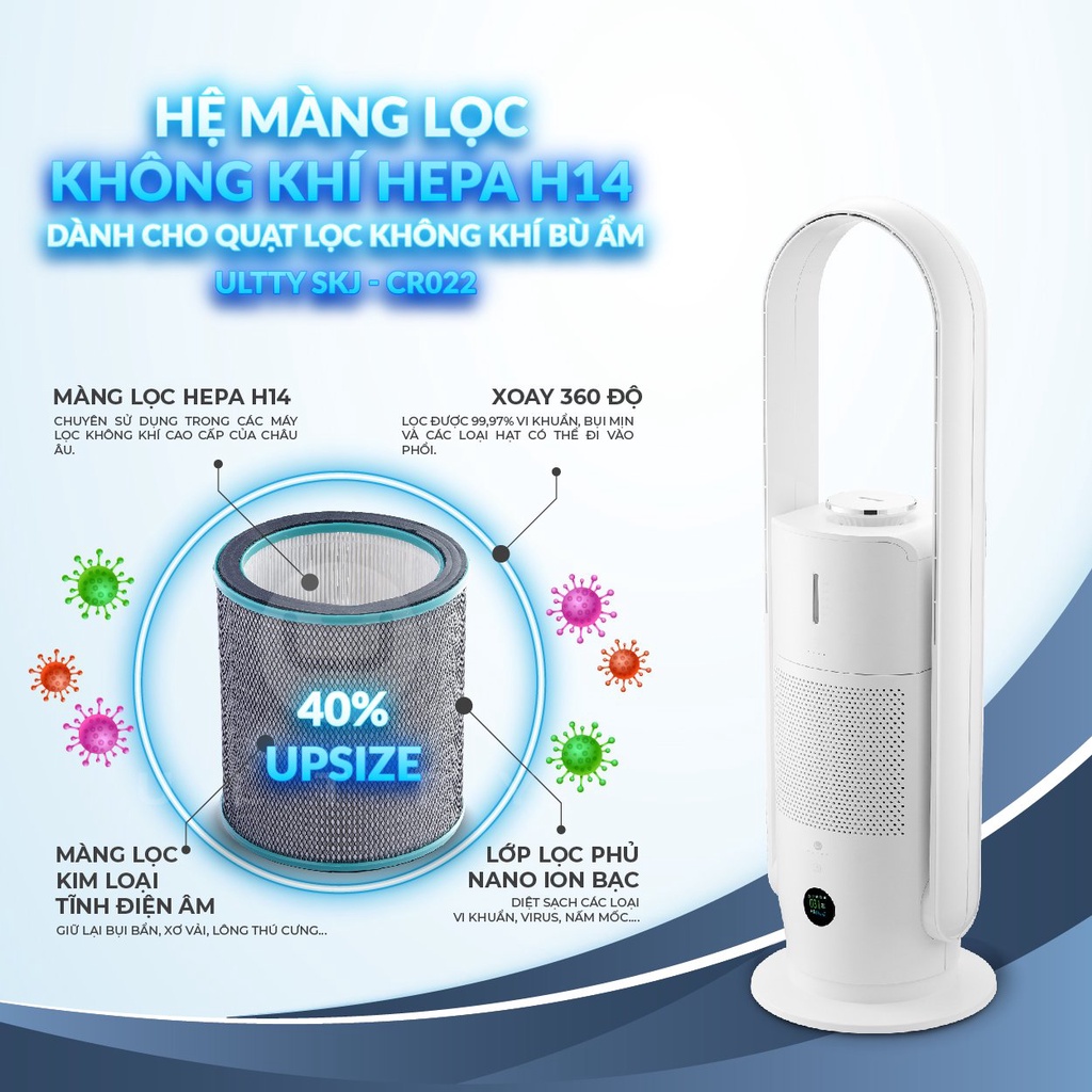 Combo Máy lọc không khí bù ẩm khử khuẩn ULTTY SKJ-CR022 thêm 1 màng lọc HEPA H14