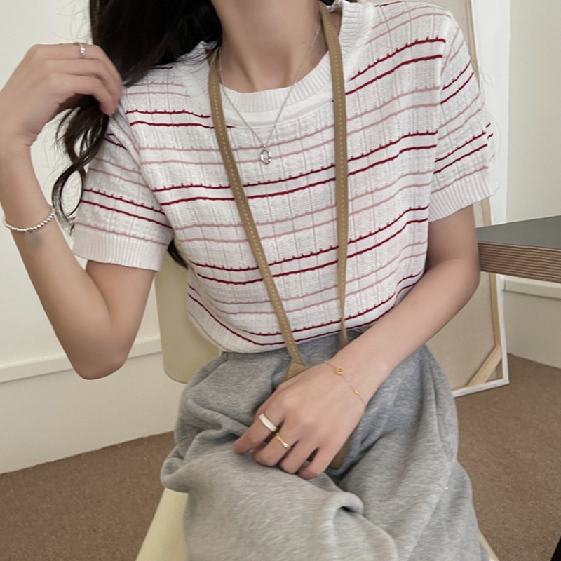 Áo Thun Dệt Kim Tay Ngắn Cổ Tròn Họa Tiết Kẻ Sọc Màu Sắc Tương Phản Thời Trang Cho Nữ