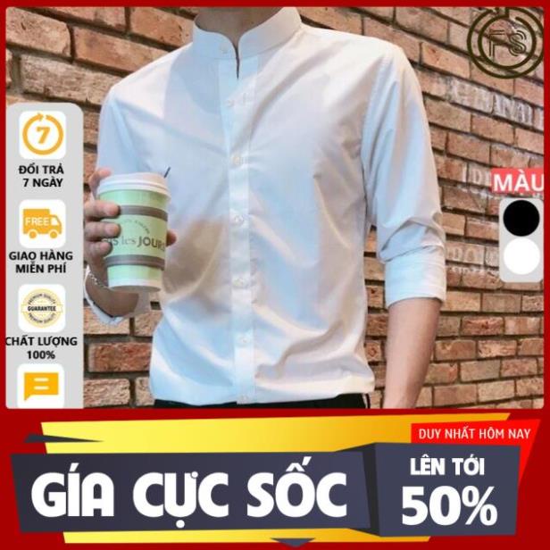 SIÊU SALE Áo Sơ Mi Nam Dài Tay Cổ Tàu OFS Dáng Ôm Body Hàn Quốc Vải Mịn Mát, Ao so mi nam dai tay Cổ Trụ Không Nhăn