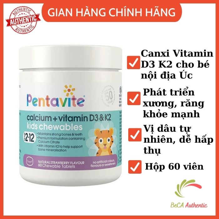 Viên Nhai Bổ Sung Canxi Vitamin D3 & K2 Cho Bé 2-12 Tuổi Pentavite Calcium + Vitamin D3 & K2 Kids 60 Viên