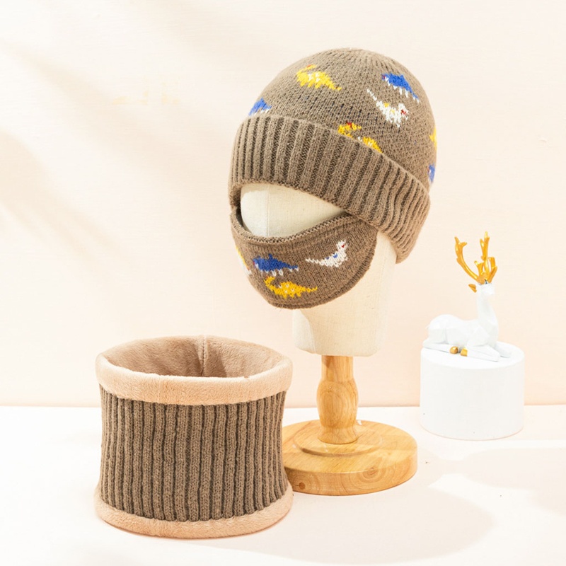 Bộ 3 Món Gồm Mũ beanie Dệt Kim Che Mặt Và Khăn Choàng Cổ Hình Khủng Long Giữ Ấm Mùa Đông Cho Bé