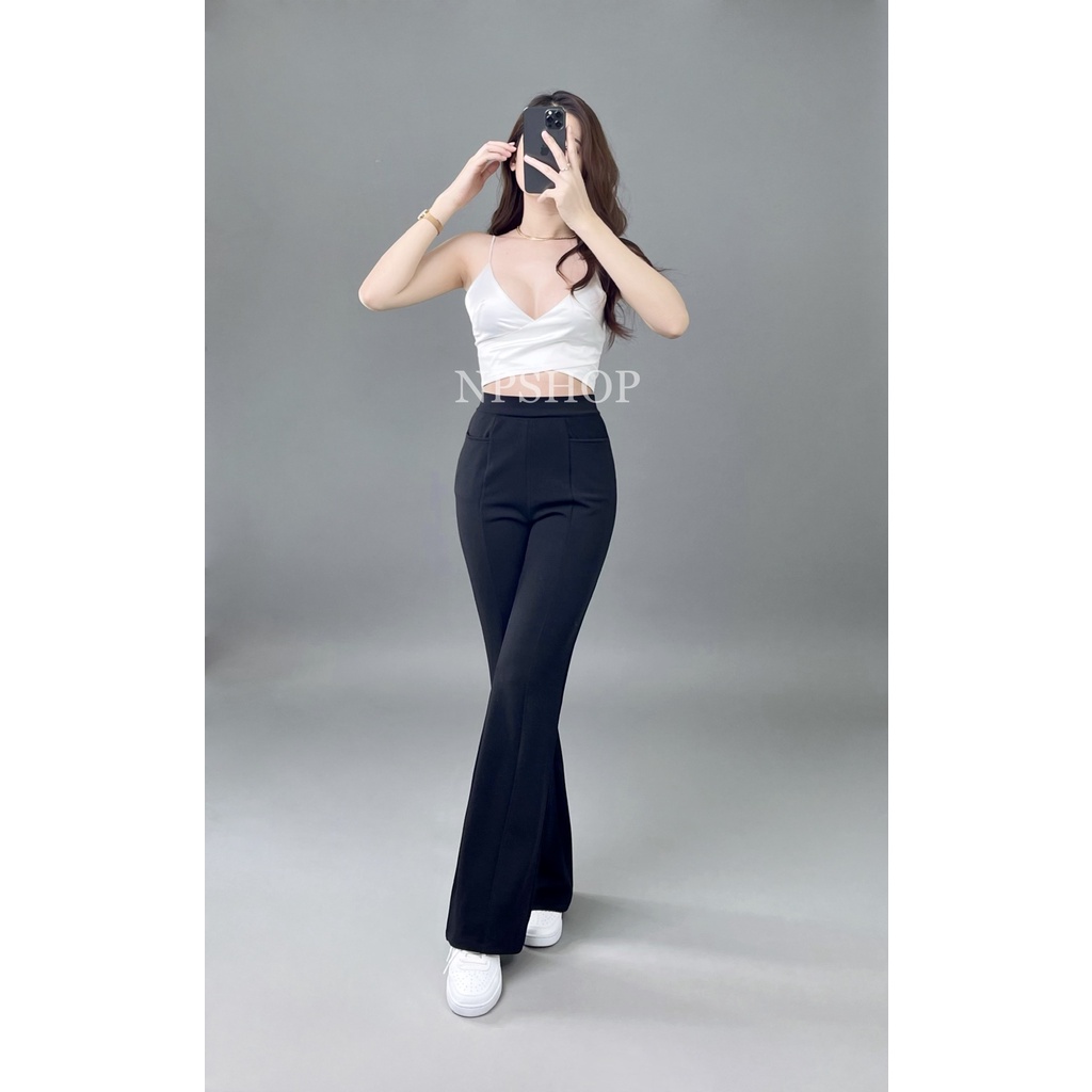 Quần tây ống loe NPSHOP lưng cao trơn dài, quần ống bas cạp cao vải tây cát mềm co giãn NPQ044
