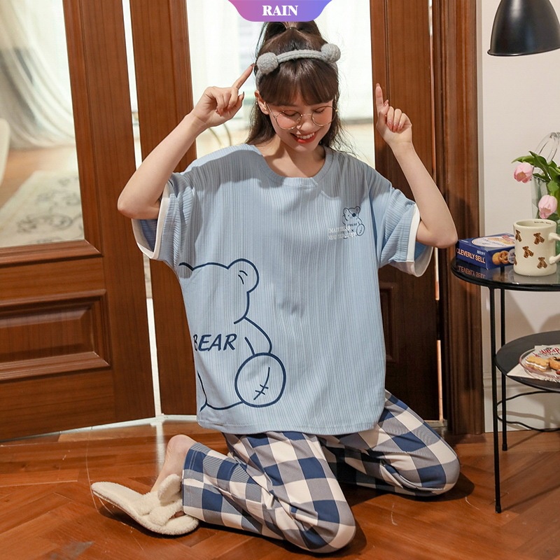 Bộ Đồ Ngủ Tay Ngắn + Quần Dài Bằng Cotton In Họa Tiết Nhân Vật Hoạt Hình Dành Cho Nữ