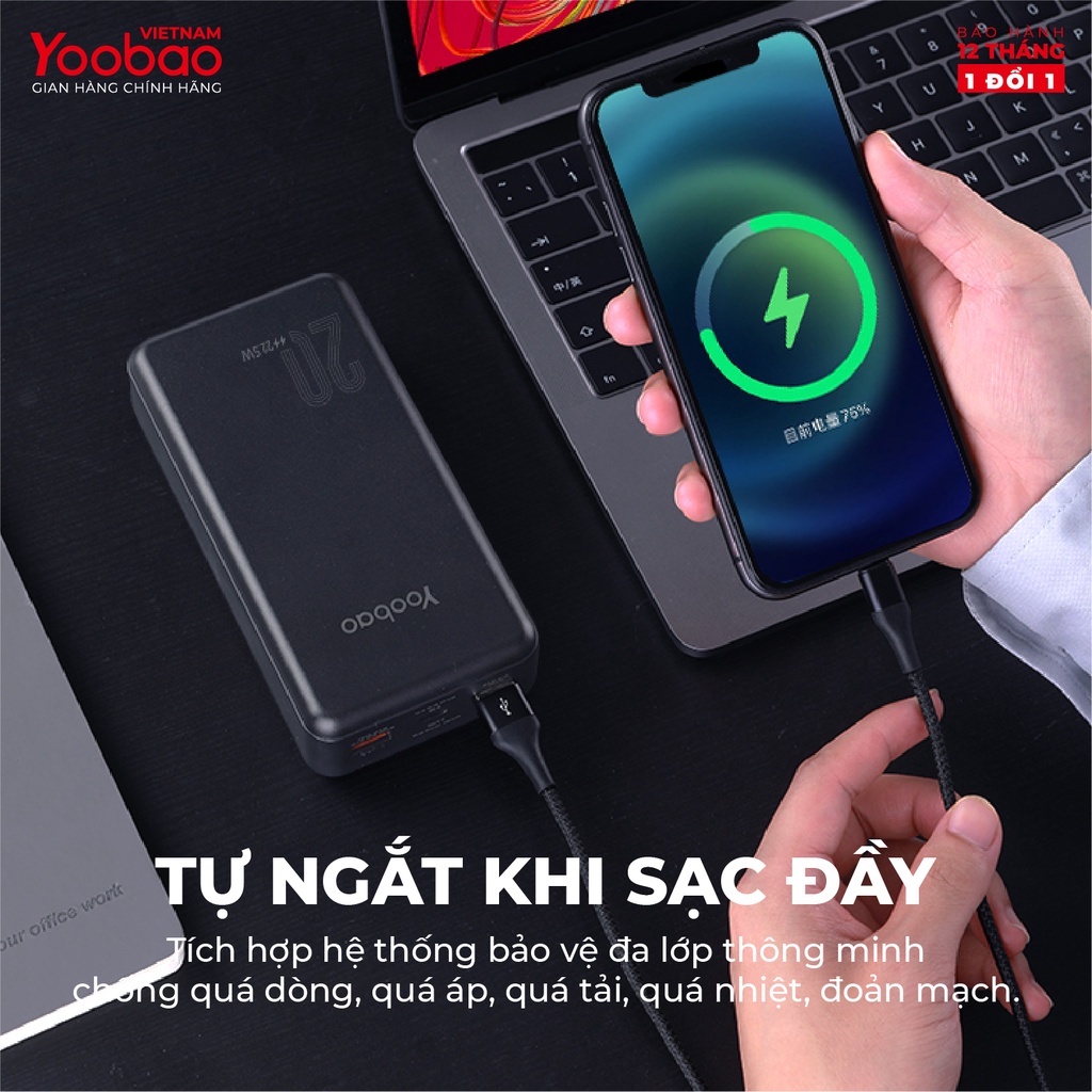 Pin sạc dự phòng 20000mAh D20Q Yoobao PD20, hỗ trợ sạc nhanh công suất 22.5W, dùng cho Iphone 11,12, Huawei