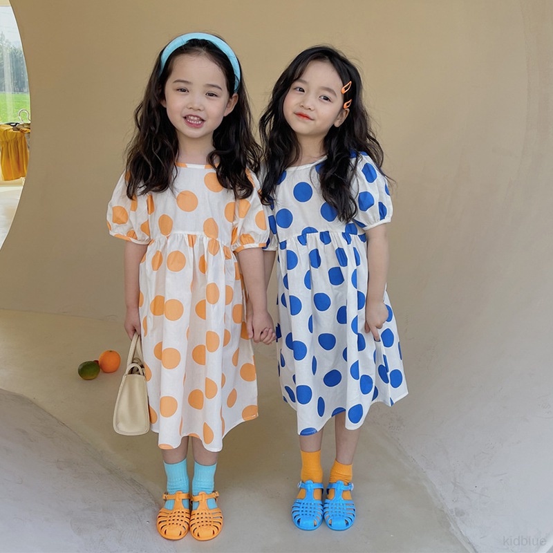 Đầm Công Chúa Tay Phồng Cổ Tròn In Họa Tiết Chấm Bi Màu Trắng Dễ Thương Phong Cách Hàn Quốc Thời Trang Mùa Hè Cho Bé Gái