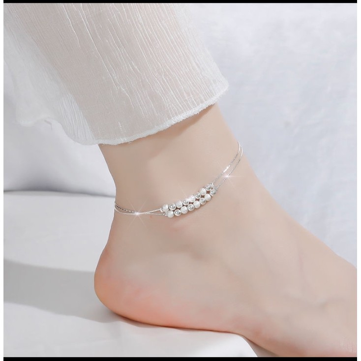Lắc Chân Bạc 925 Dây Đôi Chuỗi Bi Đơn Giản