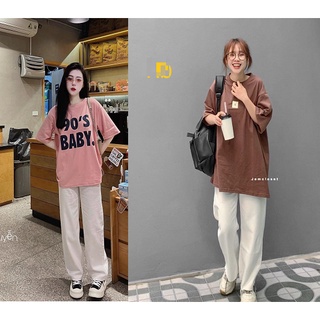 Sét bộ đồ nữ,Áo thun phông Baby form thụng tay lỡ kèm quần vải ống rộng trắng mặc ở nhà hay đi chơi đều xin