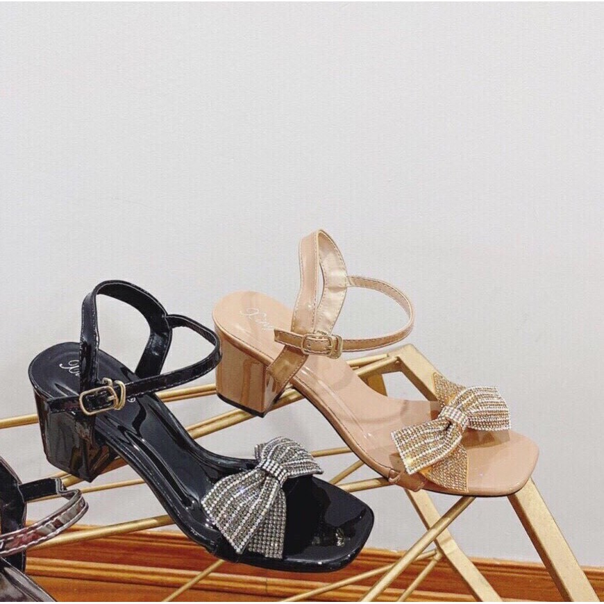 DÉP sandal quai ngang đính nơ gót bọc 6 phân siêu đẹp