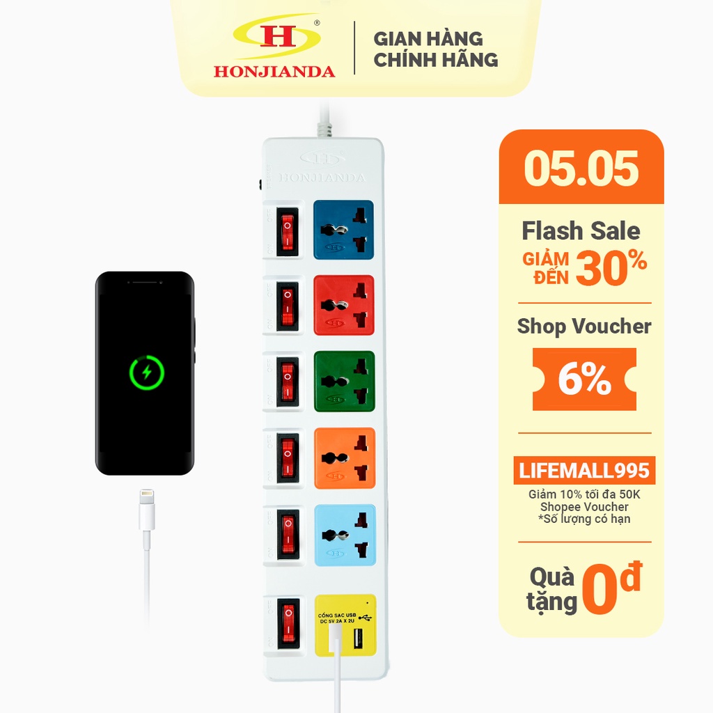 Ổ cắm điện đa năng Có USB Honjianda Mã 06 Nhiều công tắc Dây 3m/5m - an toàn chống quá tải