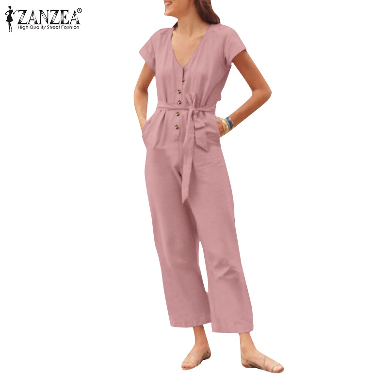 Zanzea Áo liền quần Ngắn Tay Cổ Chữ V Có Túi Phối Thắt Lưng Tháo Rời Được Phong Cách Châu Âu