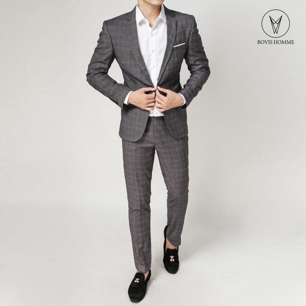 Quần tây nam Bovis Homme, mã QT068, màu xám caro, form slim, chất liệu cotton, mặt vải mềm mỏng. Phom Slim-Fit