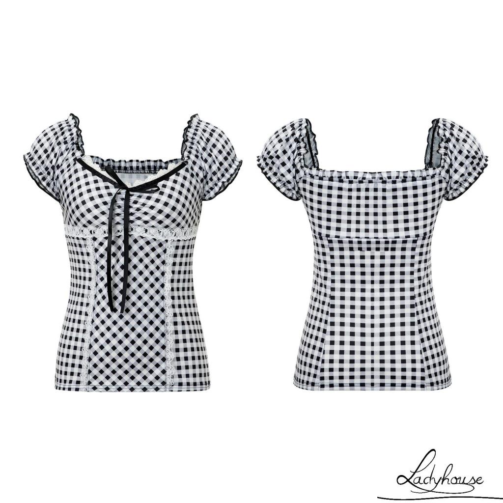 Ld-áo Thun Tay Ngắn Cổ Chữ U Viền Ren Kẻ Sọc Caro Thời Trang Mùa Hè Cho Nữ Size S/M/L