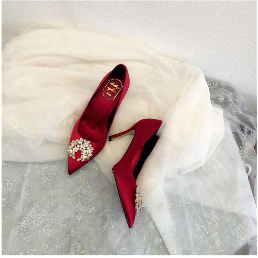 Tikp Giày Cao Gót Mũi Nhọn Đính Đá Pha Lê 2 Màu Size 34 Thời Trang Dự Tiệc Cho Nữ