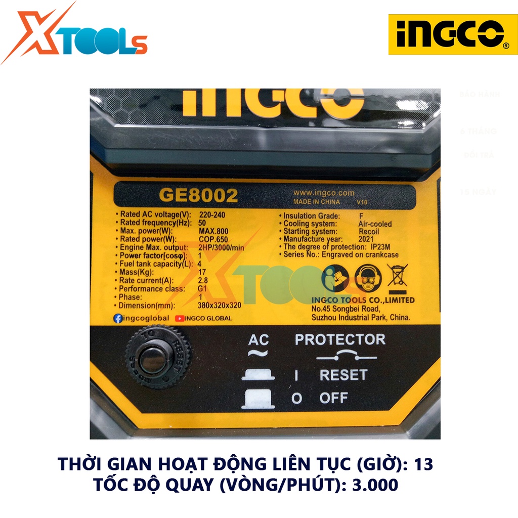 Máy phát điện động cơ xăng INGCO GE8002 Máy phát điện dây nhôm, Nguồn điện: 220V - 240V / 50Hz / 1 pha, công suất 0.8KW