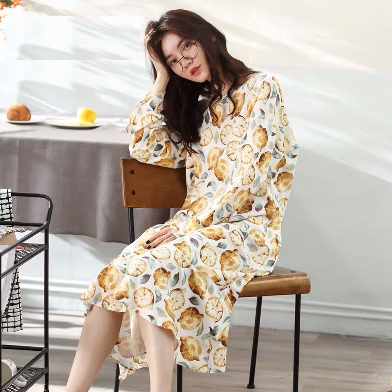 Váy mặc nhà dài tay thun cotton dáng lỡ hoạ tiết chanh vàng